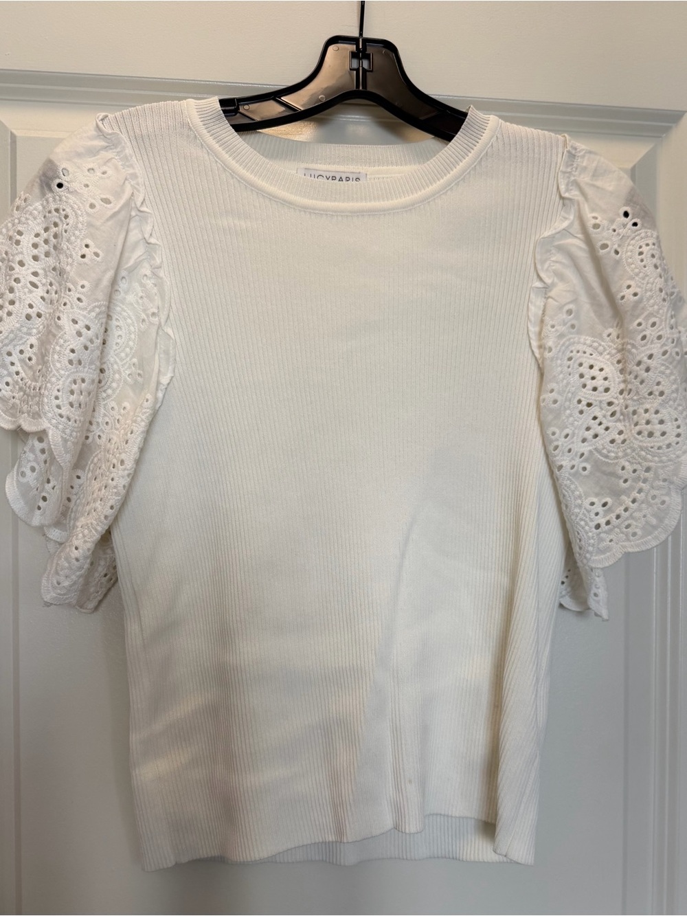 Lucy Paris White Eyelet Puff Sleeve Knit Tee